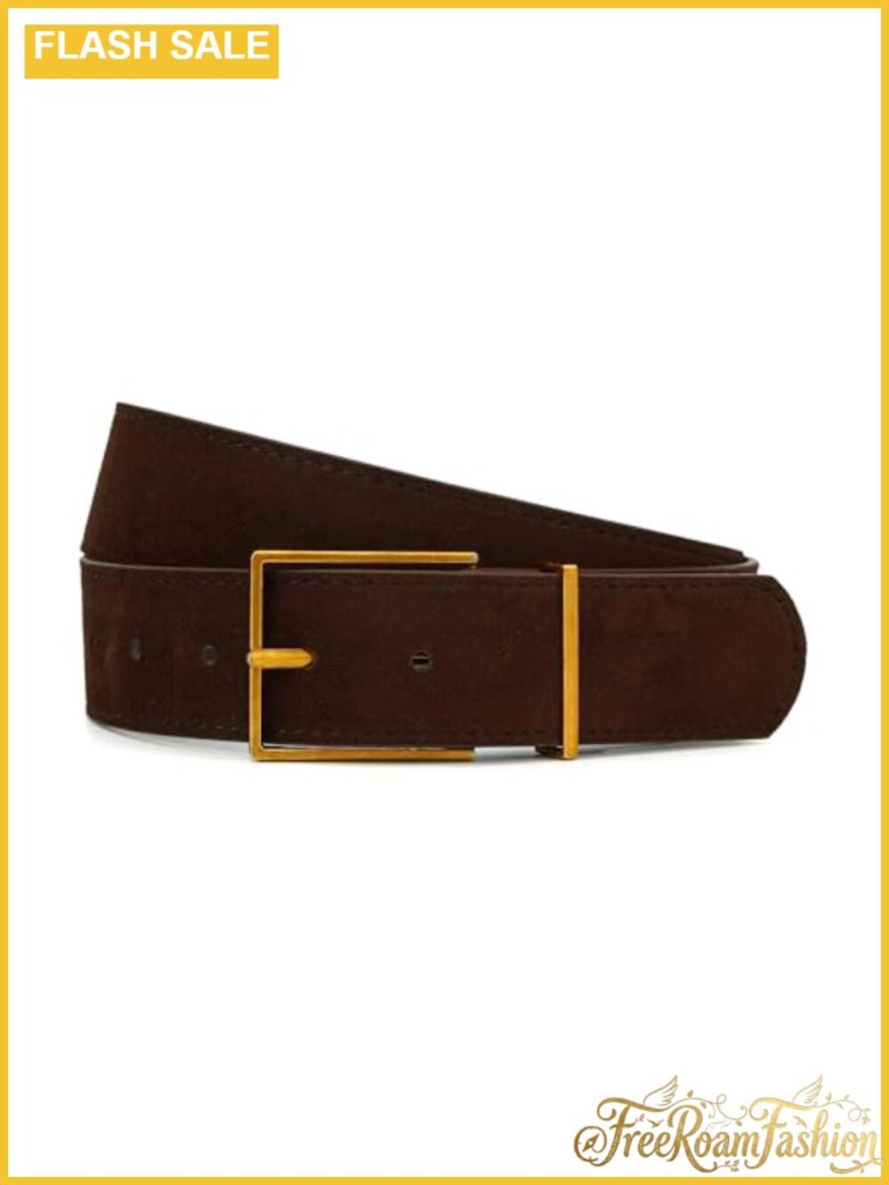 Wide Faux Suede Leather Belt Vintage Brass Square Buckle for Jeans Dress